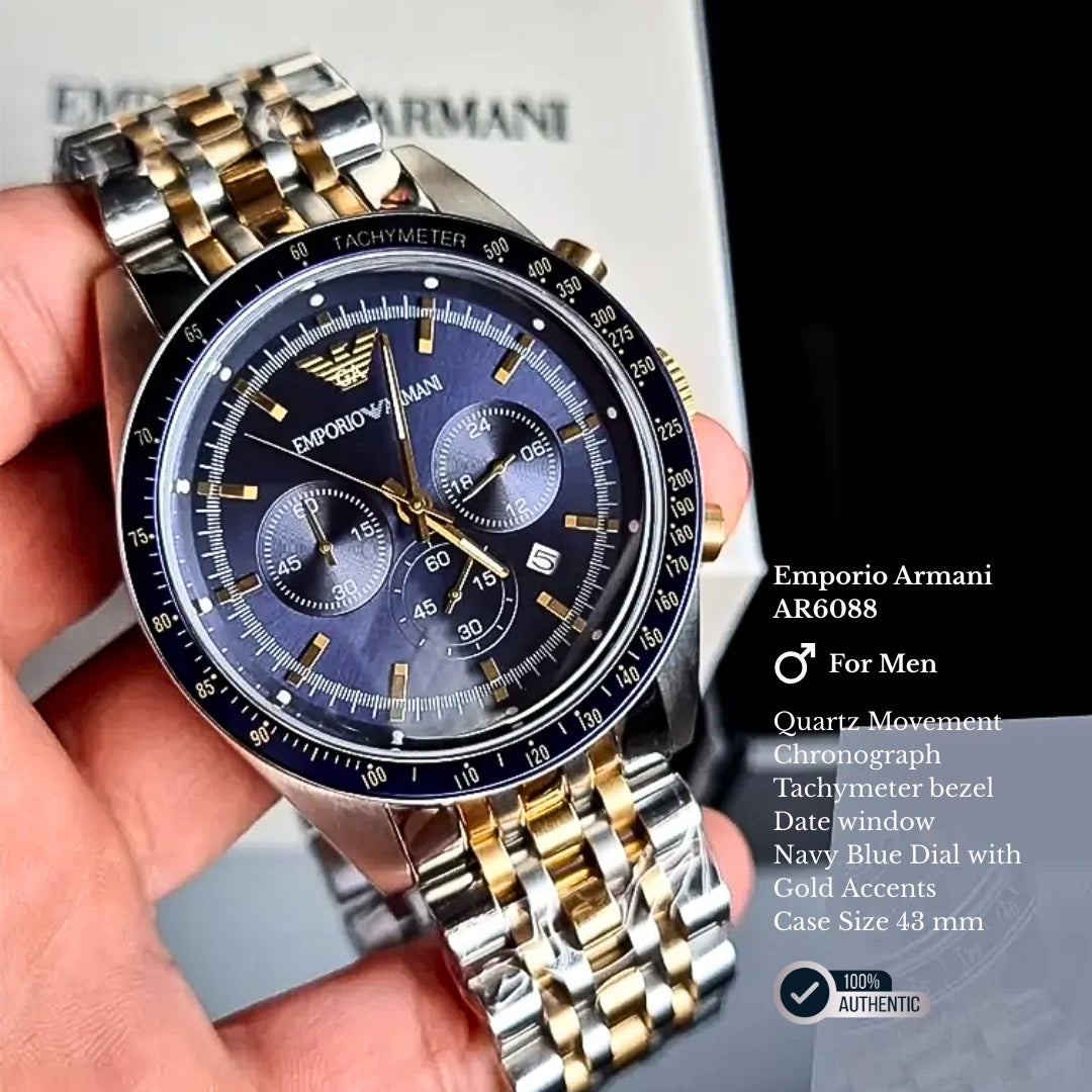 Emporio Armani AR6088 | Blue Tachymeter Watch For Men